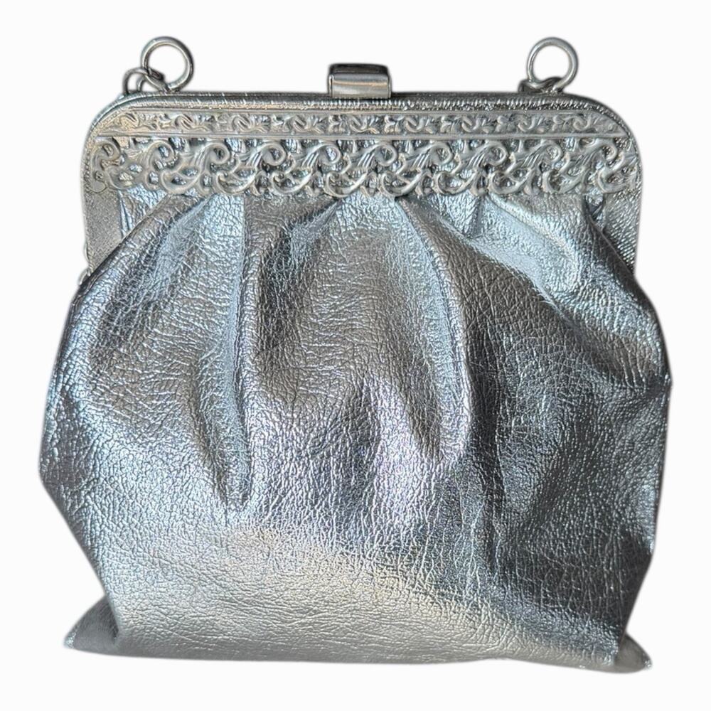 Vintage Silver Metallic Kiss Lock Evening Clutch Ornate Frame Cocktail Purse